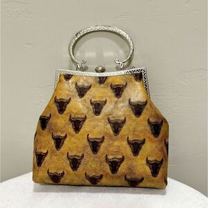 Longhorn Genuine Embossed Leather Vintage Style Top Handle Bag With Long Chain